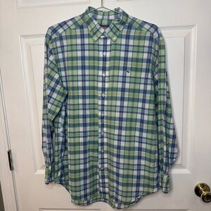 Vineyard Vines Whale Shirt Green and Blue Plaid 100% Cotton Size Medium GUC
